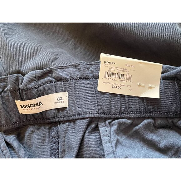 XXL tapered paperbag waist belted pockets Navy pull on cottage boho beach pant - Picture 8 of 8